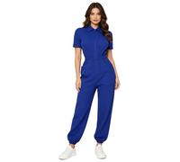 Kvysinly Combinaison infirmière femme manches courtes multiples poches zip devant taille élastique Tenue médicale une pièce pour médecin hôpital S-3XL Bleu L