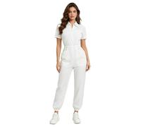 Kvysinly Combinaison infirmière femme manches courtes multiples poches zip devant taille élastique Tenue médicale une pièce pour médecin hôpital S-3XL Blanc M