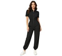 Kvysinly Combinaison infirmière femme manches courtes multiples poches zip devant taille élastique Tenue médicale une pièce pour médecin hôpital S-3XL Noir L