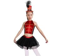 Kvysinly Costume Cirque Fille Enfant 3 Pièces Ensemble Circus Haut Jupe Maille avec Chapeau Soldat Déguisement Dompteur Cirque Halloween Rouge 9-10 ans