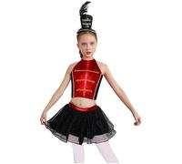 Kvysinly Costume Cirque Fille Enfant 3 Pièces Ensemble Circus Haut Jupe Maille avec Chapeau Soldat Déguisement Dompteur Cirque Halloween Rouge Noir A 13-14 ans