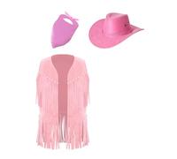 Kvysinly Costume Western Cowboy Enfant Ensemble Gilet Frangée Chapeau Écharpe Costume Cowboy Cowgirl Veste Carnaval Halloween Rose 15-16 ans