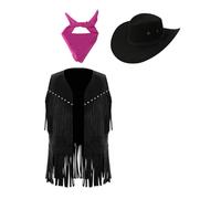 Kvysinly Costume Western Cowboy Enfant Ensemble Gilet Frangée Chapeau Écharpe Costume Cowboy Cowgirl Veste Carnaval Halloween Noir Rose Vif 9-10 ans