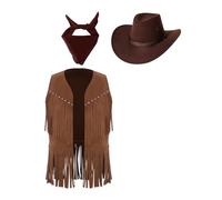Kvysinly Costume Western Cowboy Enfant Ensemble Gilet Frangée Chapeau Écharpe Costume Cowboy Cowgirl Veste Carnaval Halloween Marron foncé 11-12 ans