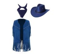 Kvysinly Costume Western Cowboy Enfant Ensemble Gilet Frangée Chapeau Écharpe Costume Cowboy Cowgirl Veste Carnaval Halloween Bleu 15-16 ans