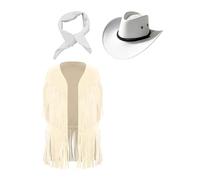 Kvysinly Costume Western Cowboy Enfant Ensemble Gilet Frangée Chapeau Écharpe Costume Cowboy Cowgirl Veste Carnaval Halloween Beige Blanc 7-8 ans