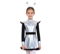 Kvysinly Déguisement Alien Extraterrestre Fille Enfant Robe avec Serre-tête Déguisement Carnaval Halloween Argent 5-6 ans