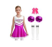 Kvysinly Déguisement Effrayant de Pom Pom Girl Fille Costume Cheerleading avec Pompons Chaussettes Barrette Halloween Carnaval Rose vif 3-4 ans