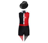 Kvysinly Déguisement Magicien Enfant Fille Ensemble Costume Magicien Cirque avec Chapeau Combinaison Circus Fêtes à Thème Carnaval Rouge Noir 9-10 ans