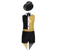 Kvysinly Déguisement Magicien Enfant Fille Ensemble Costume Magicien Cirque avec Chapeau Combinaison Circus Fêtes à Thème Carnaval Or Noir 11-12 ans