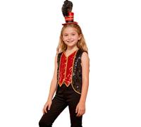 Kvysinly Déguisement Magicien Enfant Fille Ensemble Fanfare Gilet Pailleté et Chapeau Costume Circus Fête Thème Carnaval Noir Rouge A 5-6 ans