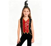 Kvysinly Déguisement Magicien Enfant Fille Ensemble Fanfare Gilet Pailleté et Chapeau Costume Circus Fête Thème Carnaval Noir 9-10 ans