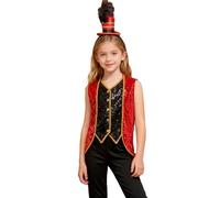 Kvysinly Déguisement Magicien Enfant Fille Ensemble Fanfare Gilet Pailleté et Chapeau Costume Circus Fête Thème Carnaval Rouge 9-10 ans