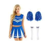 Kvysinly Déguisement Pom-Pom Girl Femme Costume Cheerleading Crop Top Débardeur Jupe avec Pompoms Chaussettes Halloween Carnaval Bleu L