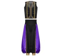 Kvysinly Deguisement Prince Arabe Garçon Ensemble Danse Orientale Gilet et Pantalon Sarouel Tenue Gothique Cosplay Carnaval Noir 15-16 ans