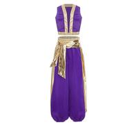 Kvysinly Déguisement Prince Arabe Garçon Ensemble Orientale Veste sans Manches et Pantalon Harem Enfant Carnaval Halloween Violet 13-14 ans