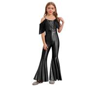 Kvysinly Enant Fille Combinaison Danse Disco à Paillettes Combinaison Hippie Disco Évasée Salopette Body Soirée Fête A Noir 13-14 ans