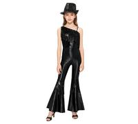 Kvysinly Enfant Fille Combinaison Disco Paillettes Franges Combinaison Hippie Années 70 avec Chapeau Tenue Spectacle B Noir 9-10 ans