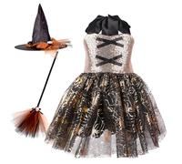 Kvysinly Enfant Fille Costume Sorcière Magique 3 Pièces Robe Tutu avec Chapeau et Balai Tenue Sorcière Cosplay Halloween Or 5-6 ans