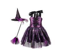 Kvysinly Enfant Fille Costume Sorcière Magique 3 Pièces Robe Tutu avec Chapeau et Balai Tenue Sorcière Cosplay Halloween Violet 6-12 mois