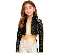 Kvysinly Enfants Filles Costume de Chanteuse Veste de Danse Pailletée à Chaînes Tenue Fête Anniversaire Halloween Noir 5-6 ans