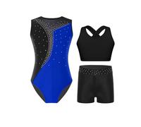 Kvysinly Ensemble de Gymnastique Fille Enfants 3 Pièces Justaucorps Strass Brillant Débardeur Crop Shorts de Sport Danse Patinage Artistique A Bleu royal 11-12 ans