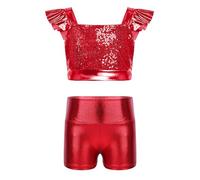 Kvysinly Fille Tenues De Danse Rave Tenue Disco Jazz Brillante Ensemble Shorts Et Top Brillant Ensemble Pièces Pour Danser Cha Cha Rouge 15-16 ans