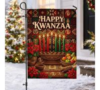 Kwanzaa Kinara Adinkra Symbole Drapeau de Jardin 30,5 x 45,7 cm | Symboles Adinkra, drapeau de cour, poinsettias, panier à fruits, sept bougies, décoration du patrimoine culturel
