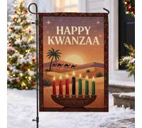 Kwanzaa Kinara Drapeau de jardin Scène du désert 30,5 x 45,7 cm | Sept bougies, drapeau de cour, paysage du désert, bordure tribale géométrique, décoration de vacances en plein air