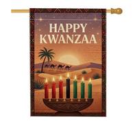 Kwanzaa Kinara Drapeau de maison Scène du désert 71 x 101 cm | Sept bougies, drapeau de cour, paysage du désert, bordure tribale géométrique, décoration de vacances en plein air