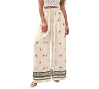 Kwatieh Pantalon Femme Été Fluide À Motifs avec Cordon De Serrage Taille Haute Élastique Jambe Large Ample Ourlet À Bordure Léger Chic Et Elegant pour Plage Décontracté F409