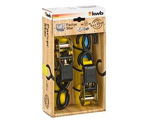 kwb 2x sangles d'arrimage 5 m x 25 mm, en sangle polyester résistante, avec déverrouillage confort et plaquette de contrôle, cliquet de serrage gainé de plastique, avec 2 crochets, testé TÜV/GS