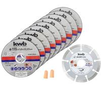 kwb Disques à tronçonner + disque diamant, Ø Mince Meuleuse d'angle diamant 115 mm Disque de tronçonnage p. Acier inoxydable INOX en boîte de rangement, y compris bouchons d'oreille