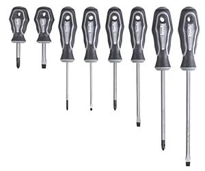 kwb AFGREE-150 Lot de 8 tournevis avec pointe magnétique, extra durcie, avec poignée 2 composants et trou de suspension, jeu de tournevis en acier CV mat