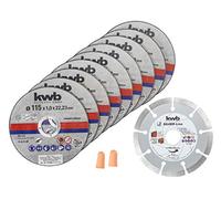 kwb Disques à tronçonner + disque diamant, Ø Mince Meuleuse d'angle diamant 115 mm Disque de tronçonnage p. Acier inoxydable INOX en boîte de rangement, y compris bouchons d'oreille