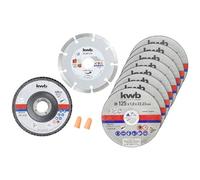 kwb Disques à tronçonner + disque diamanté et abrasif, Ø Meuleuse d'angle mince 125 mm Disque de tronçonnage p. Acier inoxydable INOX en boîte de rangement avec bouchons d'oreilles