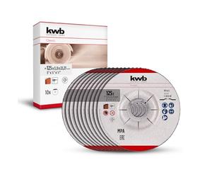 kwb Disques à tronçonner, jeu de disques à tronçonner en tissu (10 pièces, Ø 125 mm, pour la maçonnerie et la pierre, certifié MPA, forme de disque déportée, pour meuleuses d'angle)