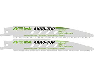 kwb Lames de scie sabre Akku Top pour le métal et le bois avec résidus de métal, denture à deux niveaux, rainures d'aération, géométrie de lame brevetée, bimétal, queue universelle 1/2'', 2 pièces