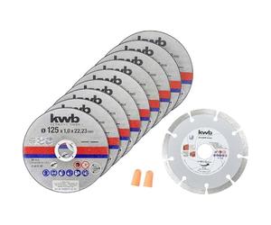 kwb Meuleuse d'angle diamantée mince 125 mm Disque flexible p. Acier inoxydable INOX dans boîte de rangement avec bouchons d'oreilles ABM. 125 x 1,0 x 22,23, Disques à tronçonner + disque diamant, Ø