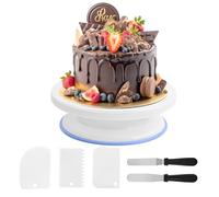 Kweiugfi Assiette à gâteau rotative de 27 cm - Avec pied - Avec 2 spatules d'angle et 3 grattoirs - Pour pâtisserie, fondant, décoration de gâteaux (blanc)