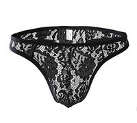Kwelt Homme sous-Vêtement Sexy String Caleçon Transparent Dentelle Floral Thong Slip G-String avec Bulge Poche, Noir, Asien M / EU S