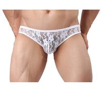 Kwelt Homme sous-Vêtement Sexy String Caleçon Transparent Dentelle Floral Thong Slip G-String avec Bulge Poche, Blanc, Asien L / EU M
