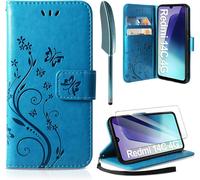 KWEX-Coque pour Xiaomi Redmi 14C / Poco C75 avec 1 Verre Trempé, Retro Design PU Etui Housse en Cuir Portefeuille de Protection Fonction Stand Video Porte Carte Credit Ticket Flip Case Bleu