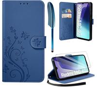 KWEX-Coque pour Xiaomi Redmi 14C / Poco C75 avec 1 Verre Trempé, Retro Design PU Etui Housse en Cuir Portefeuille de Protection Fonction Stand Video Porte Carte Credit Ticket Flip Case Bleu Foncé