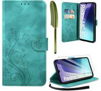 KWEX-Coque pour Xiaomi Redmi 14C / Poco C75 avec 1 Verre Trempé, Retro Design PU Etui Housse en Cuir Portefeuille de Protection Fonction Stand Video Porte Carte Credit Ticket Flip Case Vert Foncé