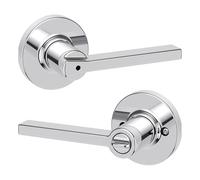 Kwikset Casey - Poignée de porte intérieure ronde avec serrure, levier de porte pour salle de bain et chambre à coucher, chrome poli, réversible, sans clé