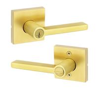 Kwikset Halifax Poignée de porte d'entrée avec serrure et clé, levier extérieur réversible à clé sécurisée, pour entrée avant et chambres, laiton satiné, résistant au crochetage Smartkey Rekey