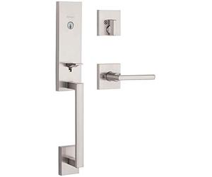 Kwikset Vancouver Poignées de porte avant profil bas avec levier de porte fin et moderne Halifax intérieur avec SmartKey Security Moderne nickel satiné