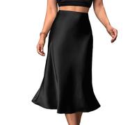 KWISUAWHGA Femme Jupe Droite Satin Décontracté Taille Haute Longueur Moyenne Élégant Affaires Léger Jupes Trapèze,Noir,S