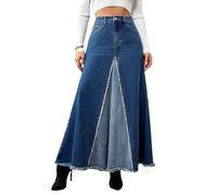 KWISUAWHGA Jupe En Jean Taille Haute Pour Femmes Coupe Ample Épissage Décontracté Fentes Longues Ourlet À Bord Brut Jeans Jupes Avec Poches,Bleu,S